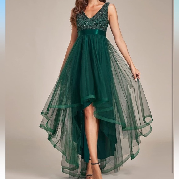 Ever-Pretty Green Sequin Maxi Dress High-Low Vneck Vback US Size 14 prom formal - Picture 1 of 8